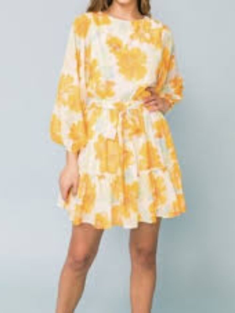 Flying Tomato Floral Long Balloon Sleeve Ruffle Mini Mustard White Dress L